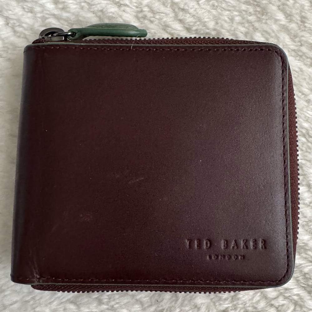 Ted Baker Dark Brown Bovine Leather Wallet – Green Trim & Fun Lining